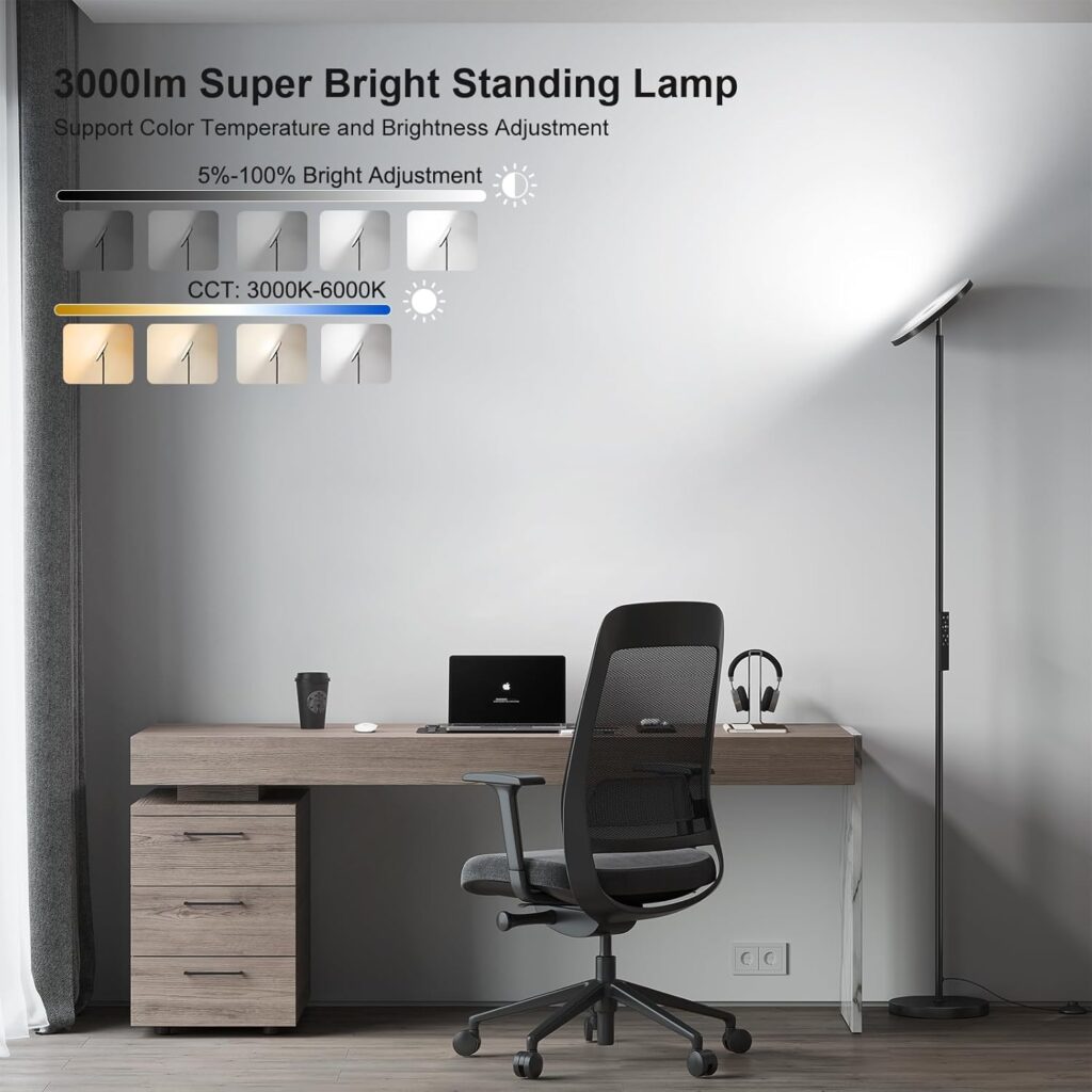 SUNMORY Floor Lamps for Living Room，LED Standing Lamp with Remote Control | 32W/3000LM Super Bright, 69″ Tall Floor Lamp with Stepless Dimmable, Modern Torchiere Corner Lamp for Bedroom, Office